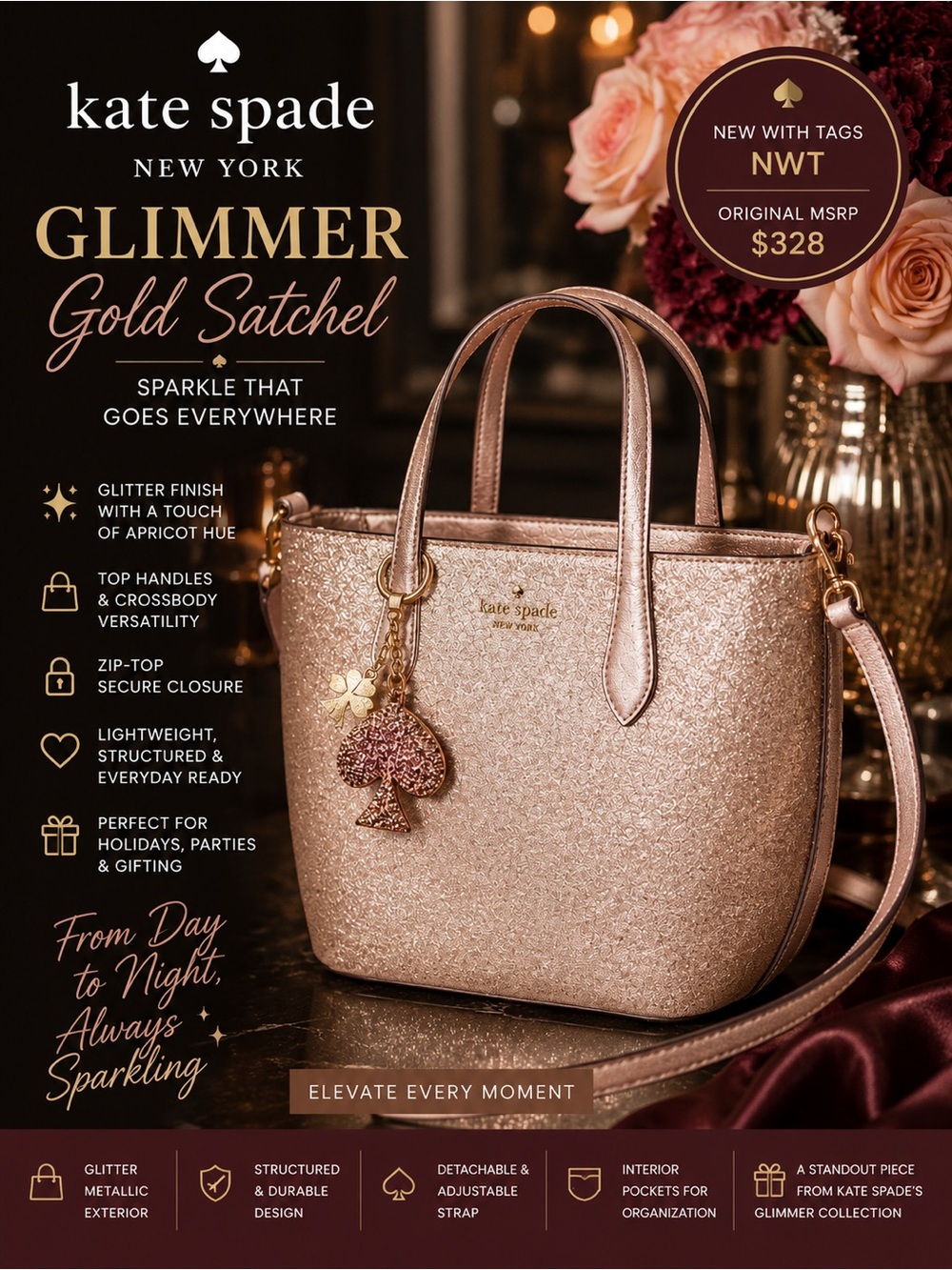 kate spade NEW Glimmer Glitter Mixed Mate Tote Bag in  Rose Gold. NWT $328 MSRP